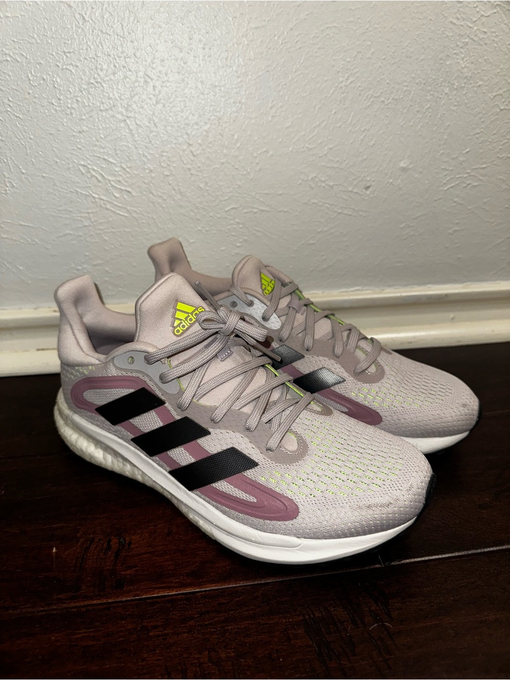 adidas Women's Pale Pink Running Sneakers with Black Stripes and Purple Accents